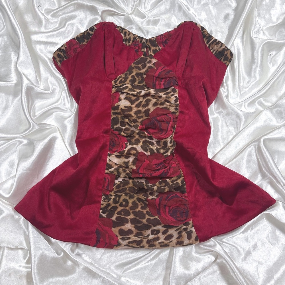 Vintage Express Silk Blend Strapless Top Red Leopard Rose Excellent Y2K Corset